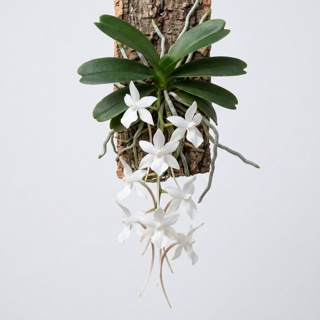White star-shaped flowers of an Aerangis Biloba orchid hanging in a pendulous raceme.