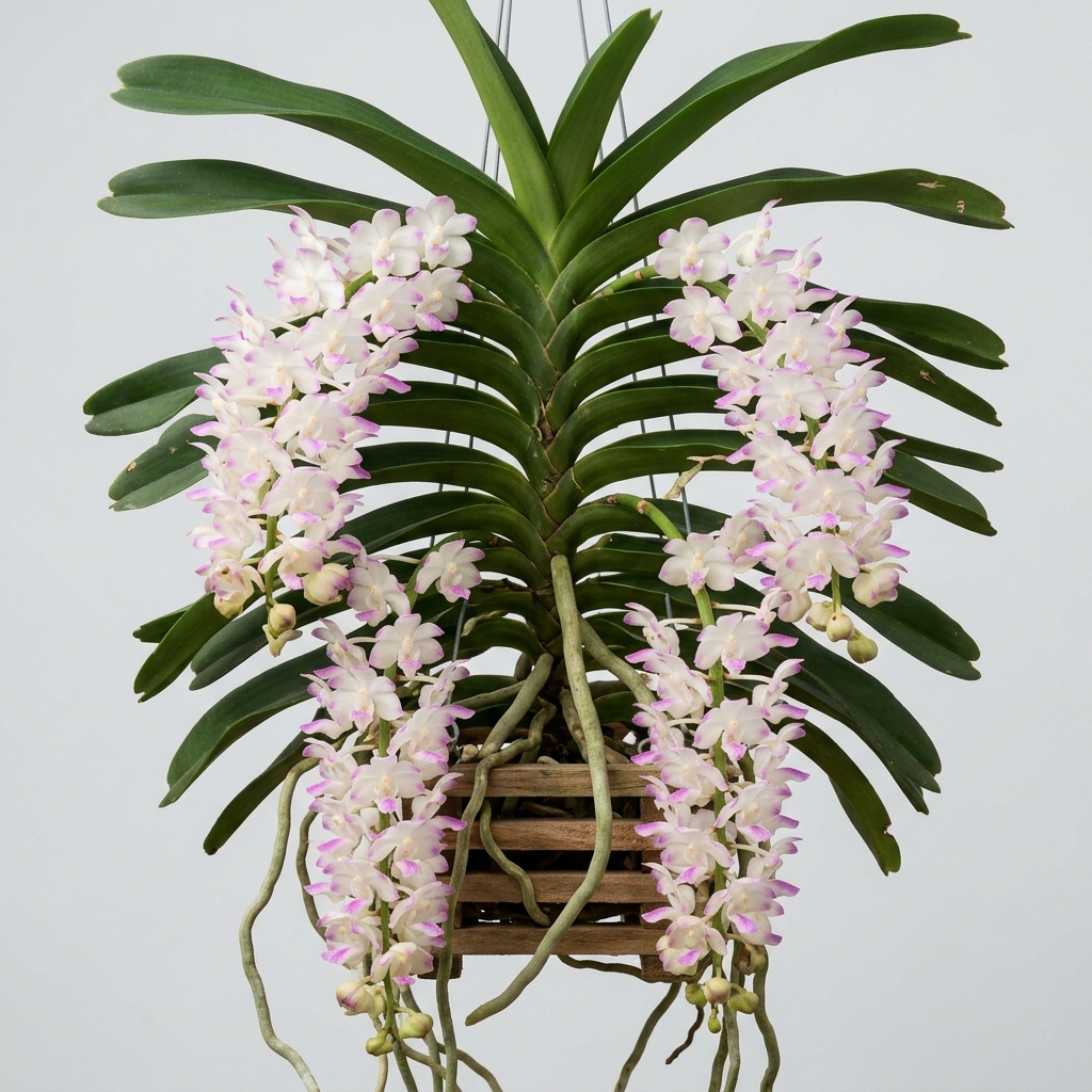 White and magenta flowers of an Aerides Odorata orchid cascading from a hanging wooden basket.