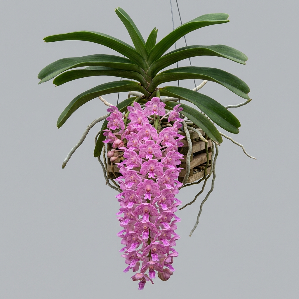 Densely packed, fragrant rose-pink blossoms on a pendulous Aerides Rosea orchid spike.