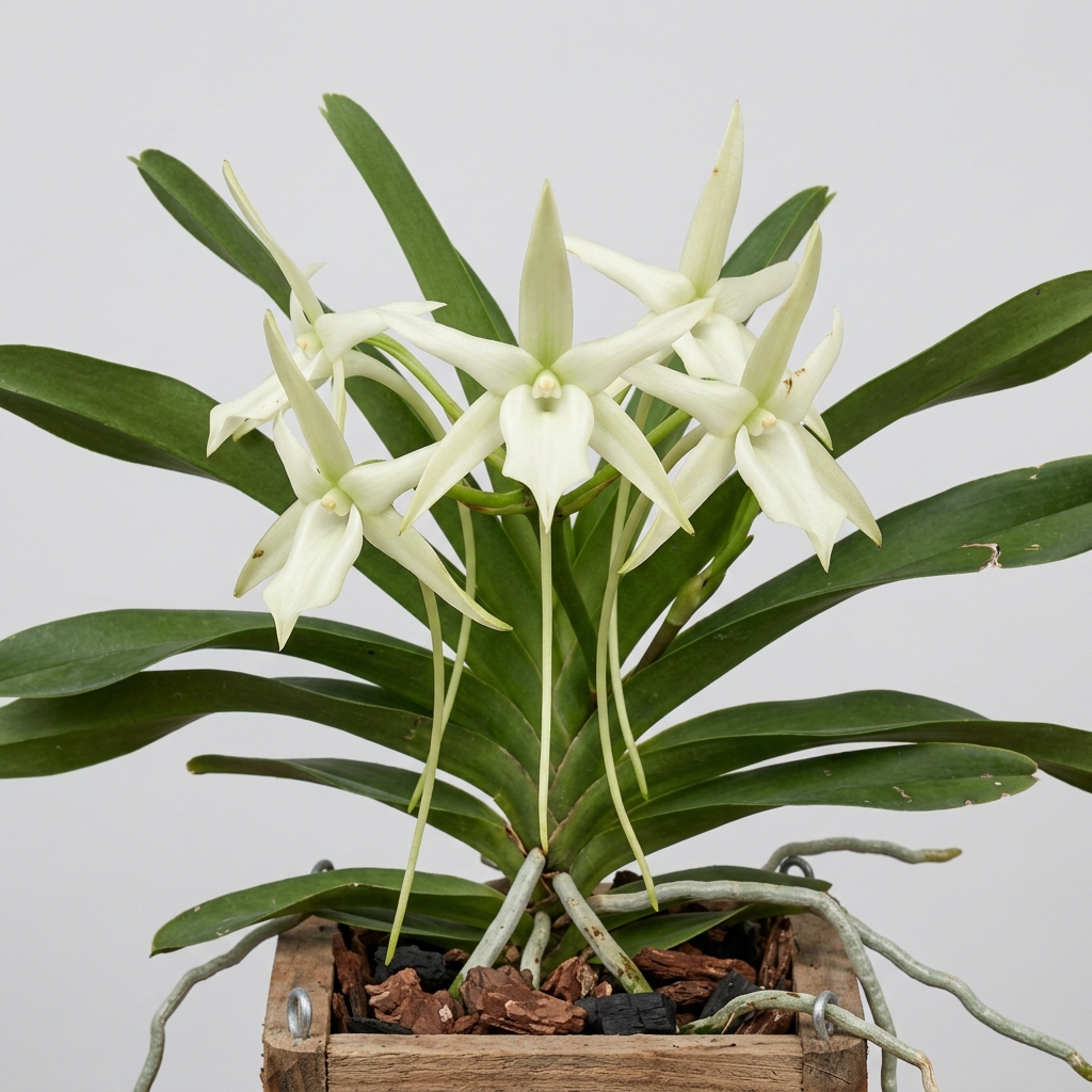 Star-shaped white flower of an Angraecum Longicalcar orchid showing its long green-tinted nectar spur.