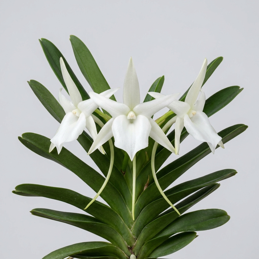 Angraecum Magdalenae orchid showing its large, waxy white flower and long nectar spur.