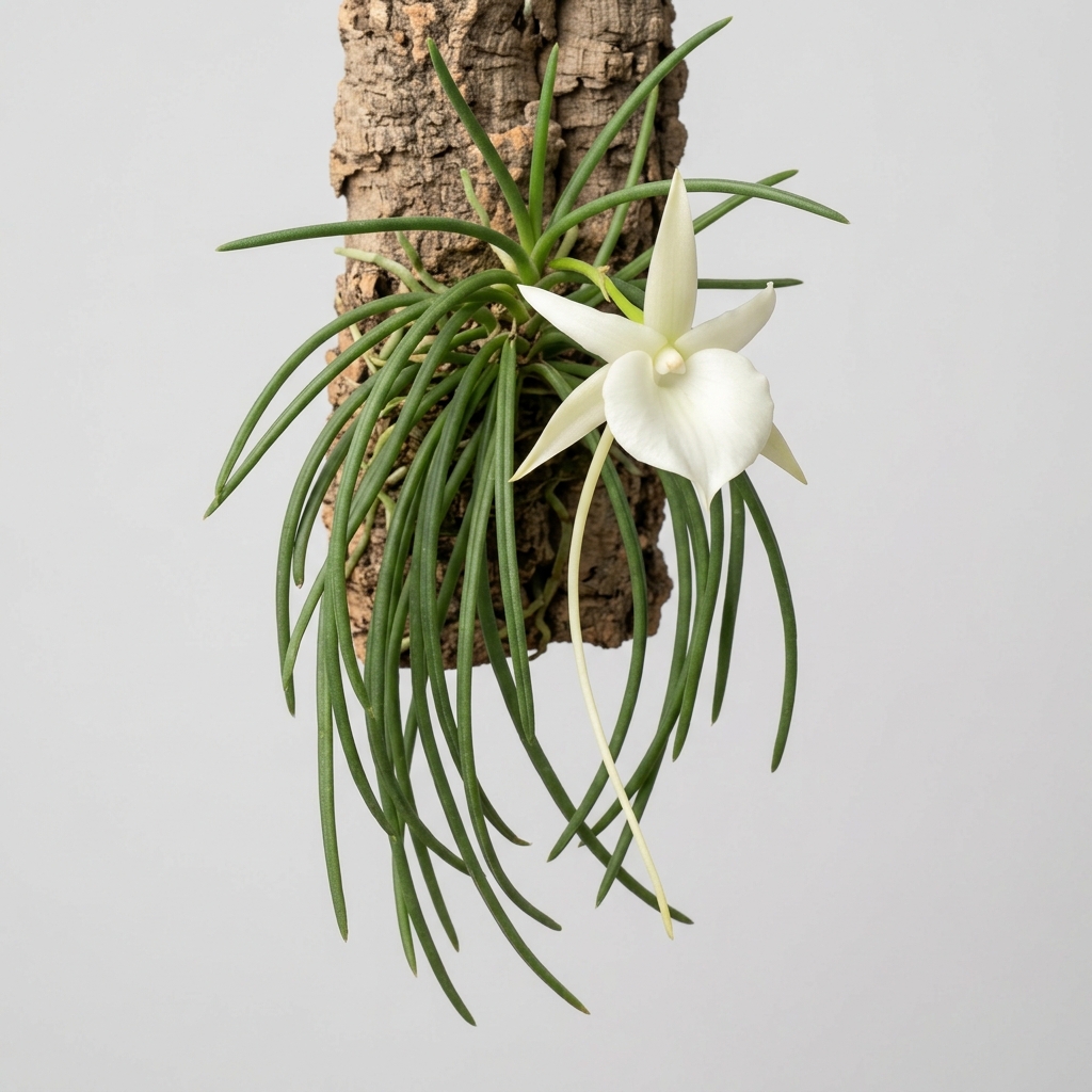 Angraecum Scottianum orchid with white flowers, long spurs, and needle-like terete leaves.