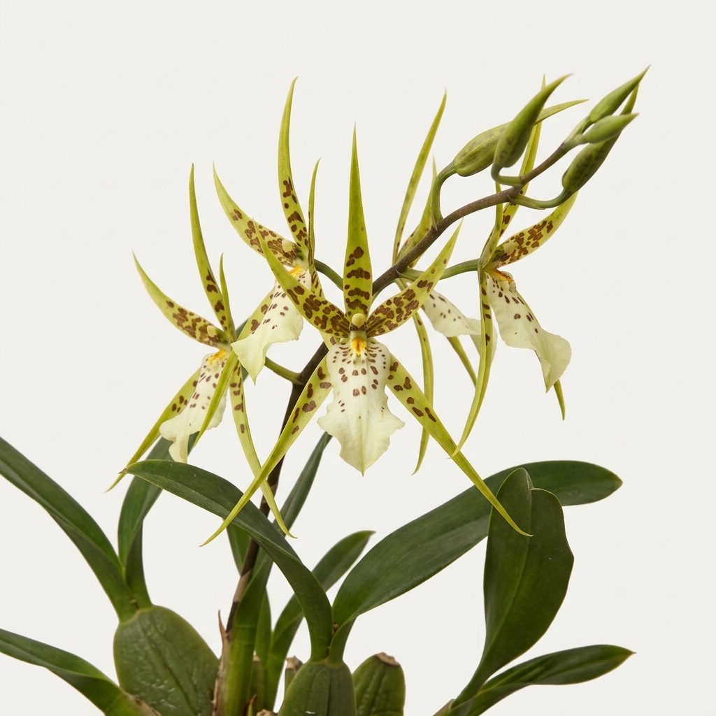 Greenish-yellow spider-like flowers of a Brassia Maculata orchid with dark spots.
