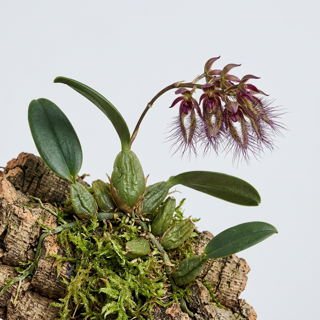 Close-up of a Bulbophyllum Barbigerum orchid flower showing its distinctive bearded lip with fine hairs.