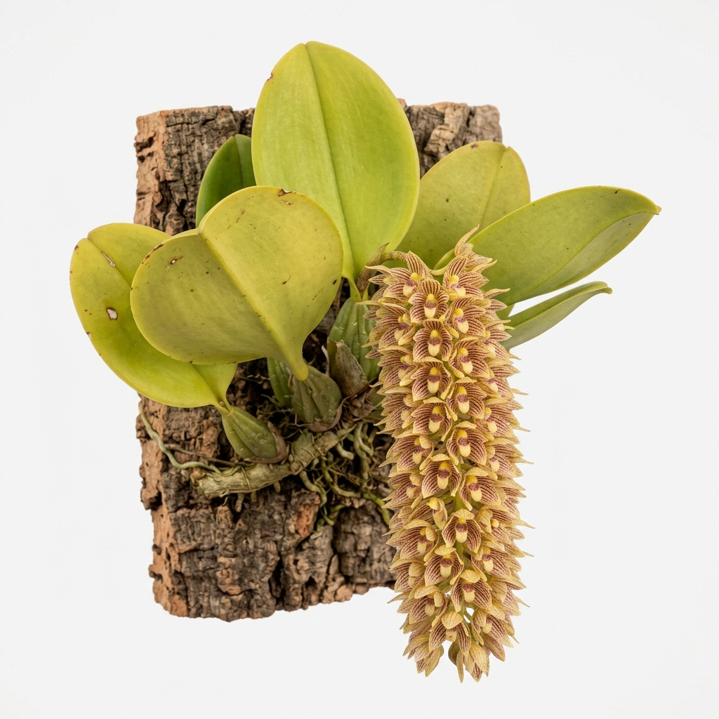 Bulbophyllum Beccarii orchid with massive green leaves climbing on a mount.