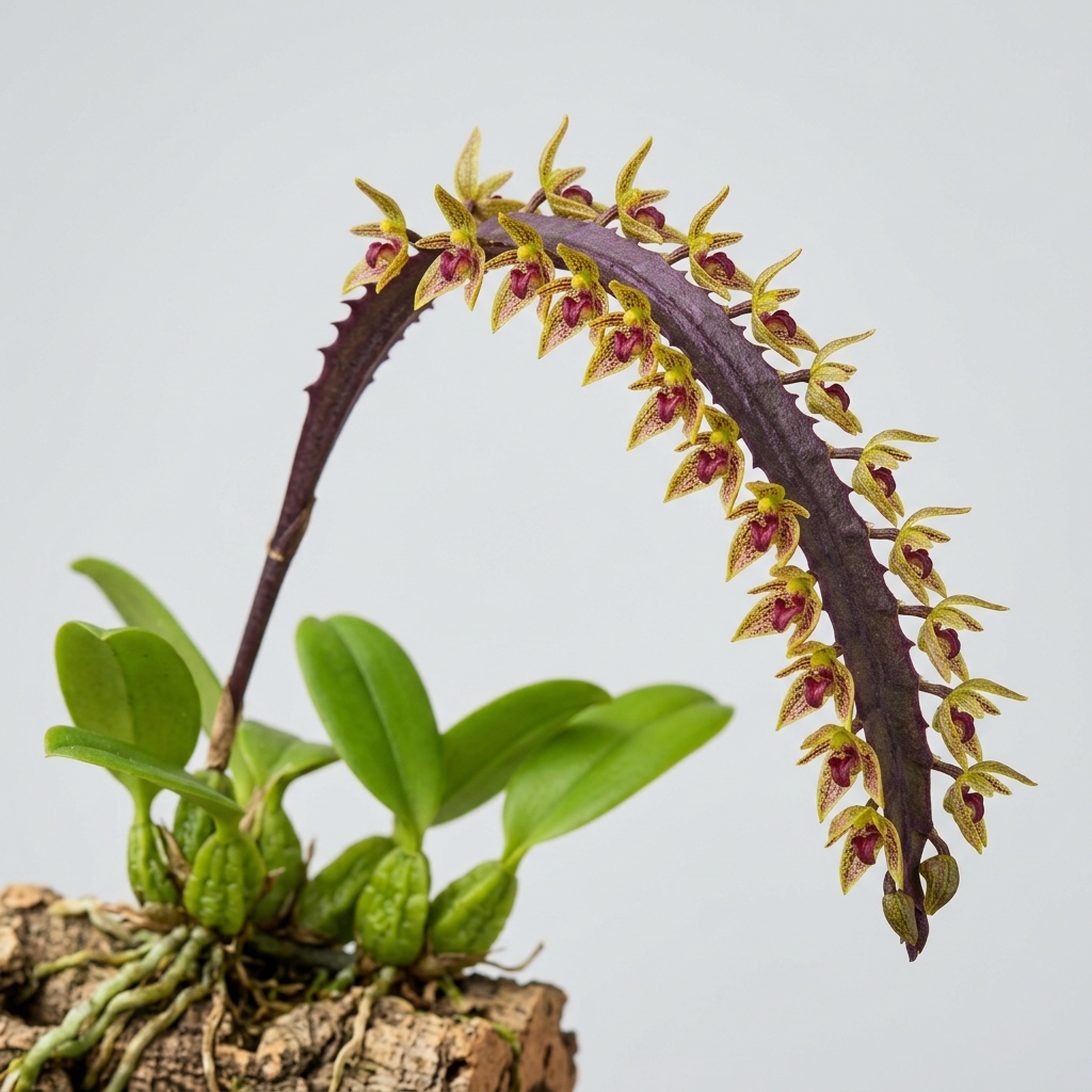 Bulbophyllum Falcatum orchid showing its unique flattened, blade-like flower spike and four-angled pseudobulbs.