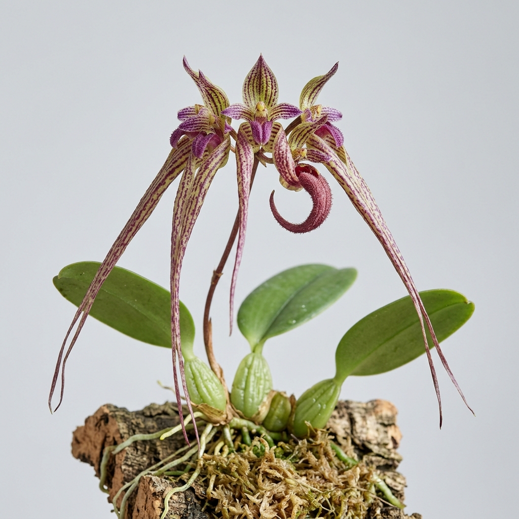 Bulbophyllum Fascinator orchid flower showing elongated lateral sepals and a hinged labellum.