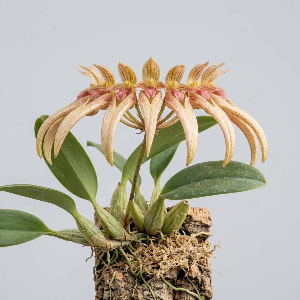 Bulbophyllum Flabellum-Veneris orchid displaying its unique fan-shaped arrangement of small flowers.