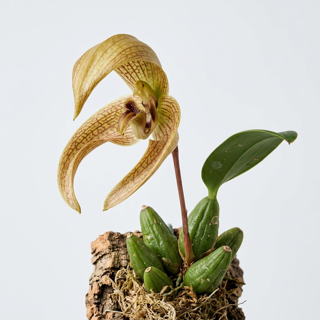 A Bulbophyllum Grandiflorum orchid flower with a large hooded dorsal sepal and elongated lateral sepals.