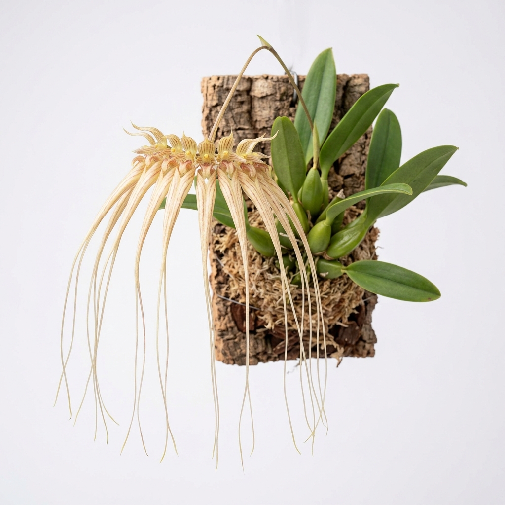 Bulbophyllum Longissimum orchid with long cascading sepals on a cork mount