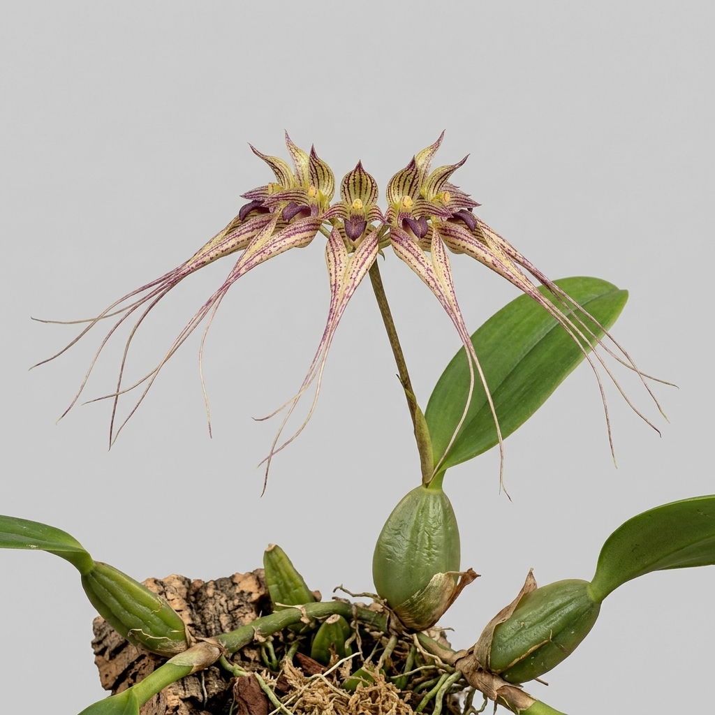 Bulbophyllum Ornatissimum orchid showing its creeping rhizome and fan-like flower cluster with elongated sepals.