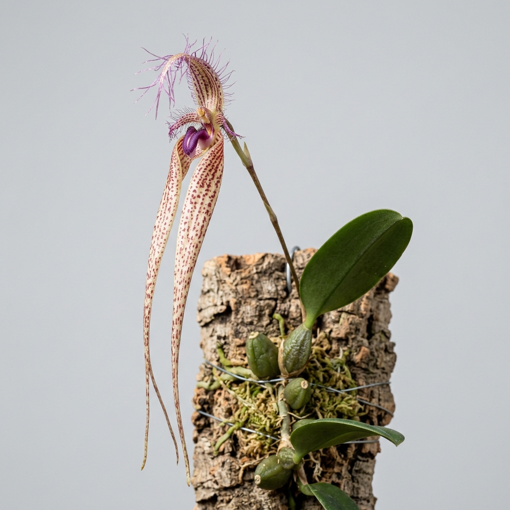 Bulbophyllum Putidum orchid flower with long, dangling cream and reddish-brown sepals mounted on cork bark.