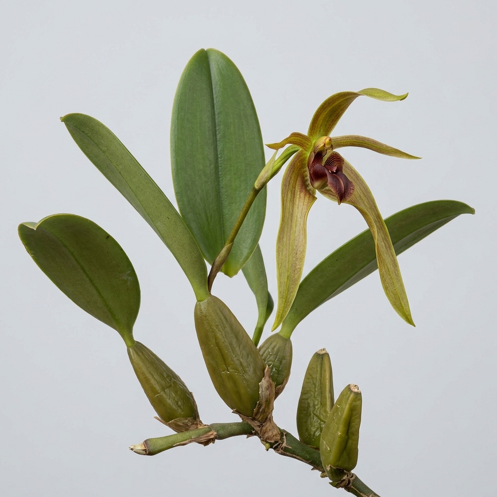 Bulbophyllum Robustum orchid showing its large pseudobulbs and unique pendulous flowers.