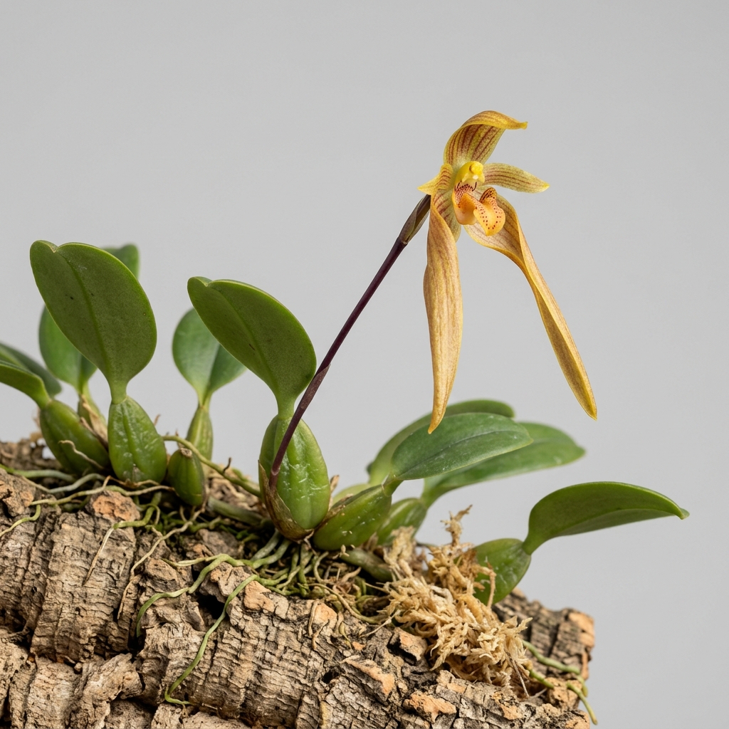 An ochre and reddish-brown Bulbophyllum Unitubum orchid flower showing its unique hinged lip and creeping growth habit.