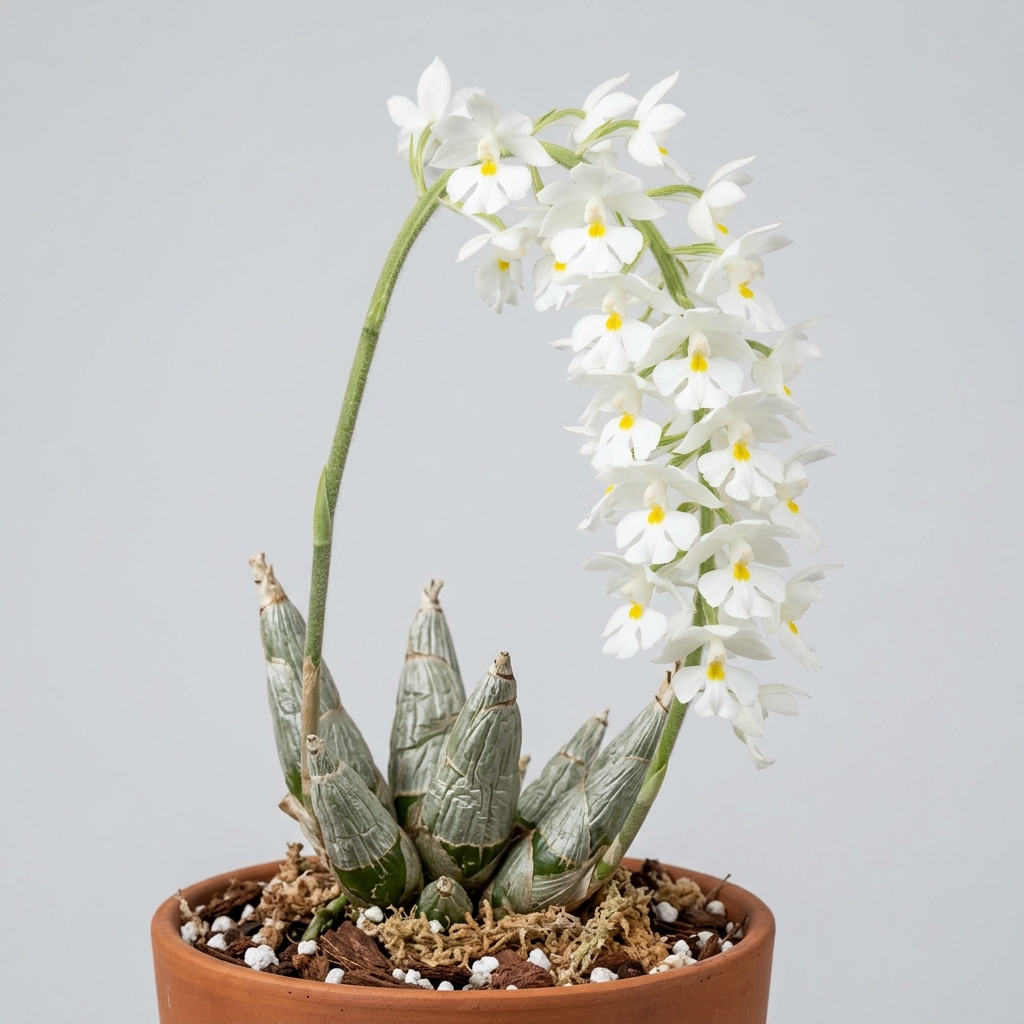 White flowers of a Calanthe Vestita orchid blooming on an arching spike from a leafless pseudobulb.