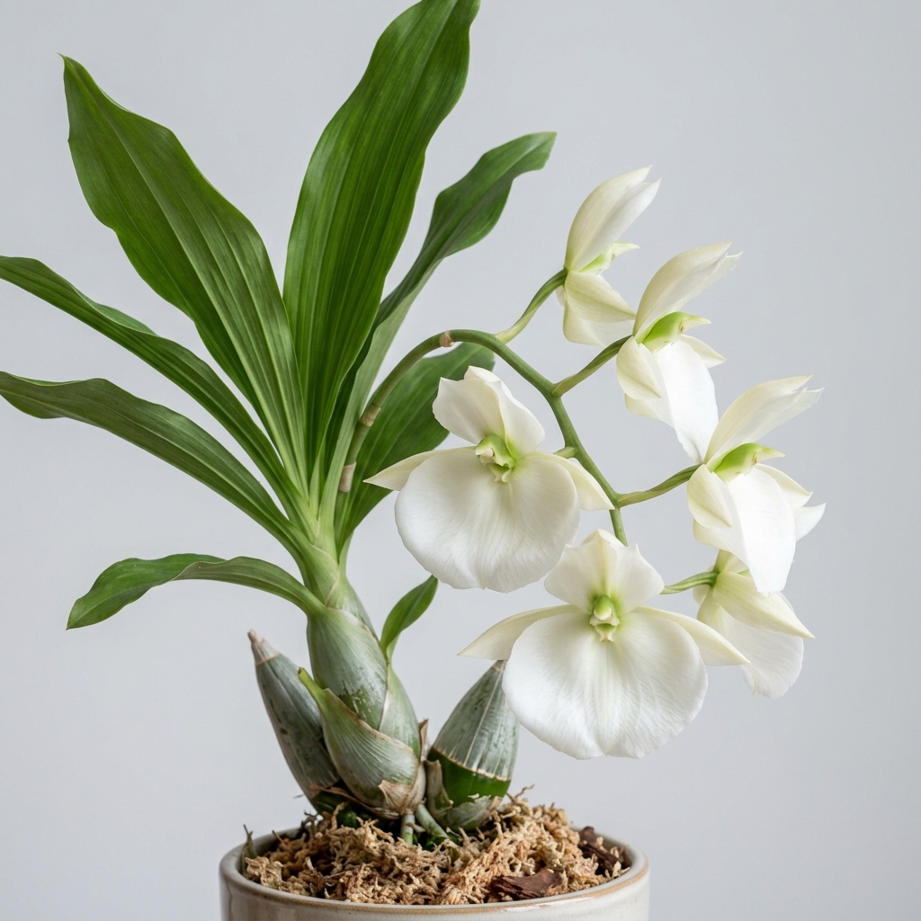 Large cup-shaped white flower of a Catasetum Pileatum orchid.