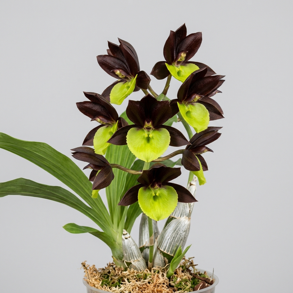 Catasetum Tenebrosum orchid with dark chocolate-brown petals and a contrasting bright green lip.