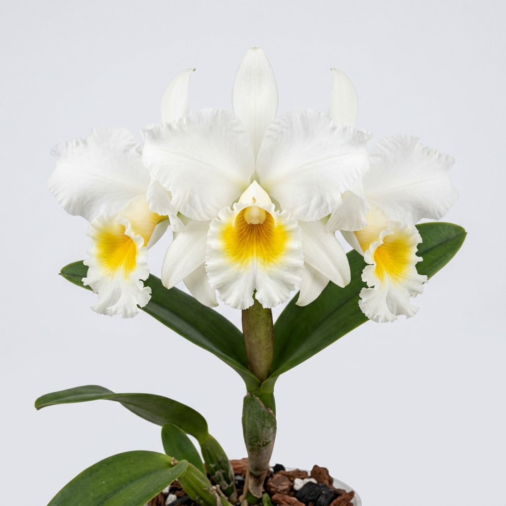 A large white Cattleya Bob Betts orchid flower with a ruffled lip and golden-yellow throat.