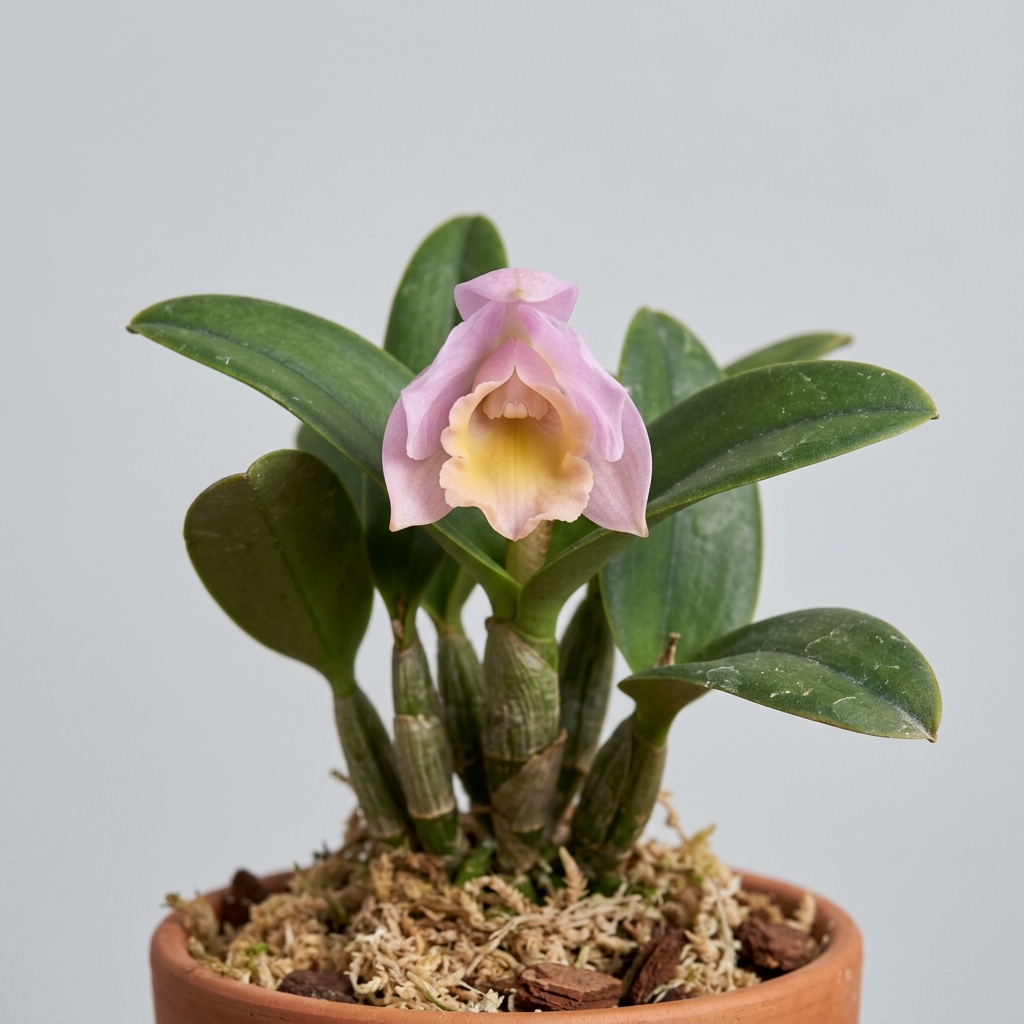 A miniature Cattleya Alaorii orchid with pale pink cup-shaped flowers and deep green foliage.