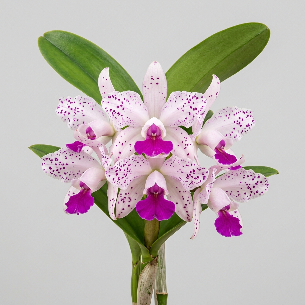 A cluster of spotted pink and white Cattleya Amethystoglossa orchid flowers with a magenta lip.