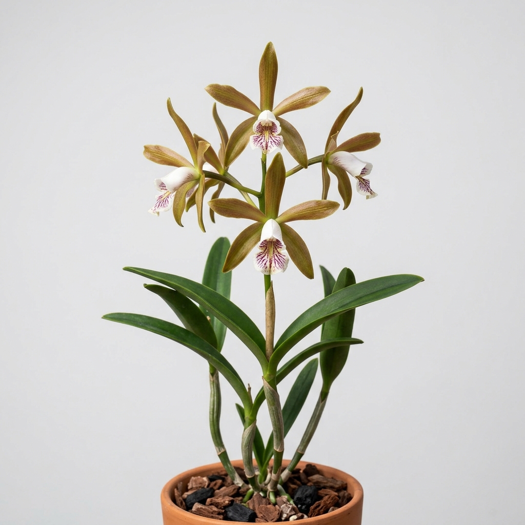 A star-shaped bronze flower of the Cattleya Araguaiensis orchid with its distinctive striped white lip.