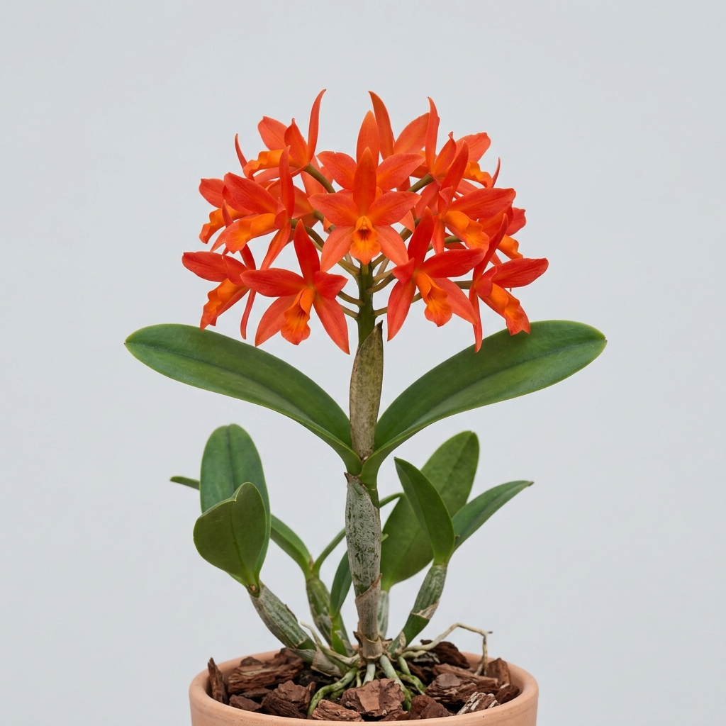 Clusters of bright orange star-shaped flowers blooming on a Cattleya Aurantiaca orchid.