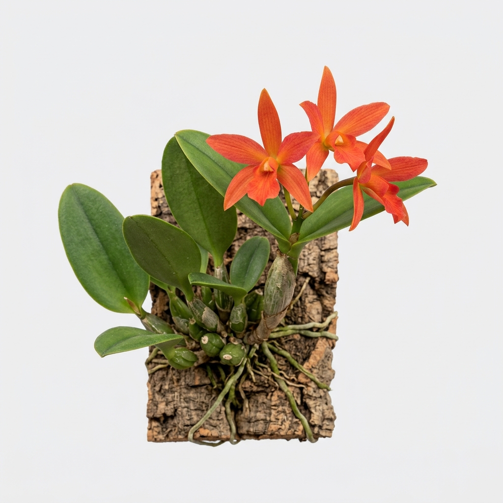 A miniature Cattleya Cernua orchid with clusters of star-shaped orange flowers.