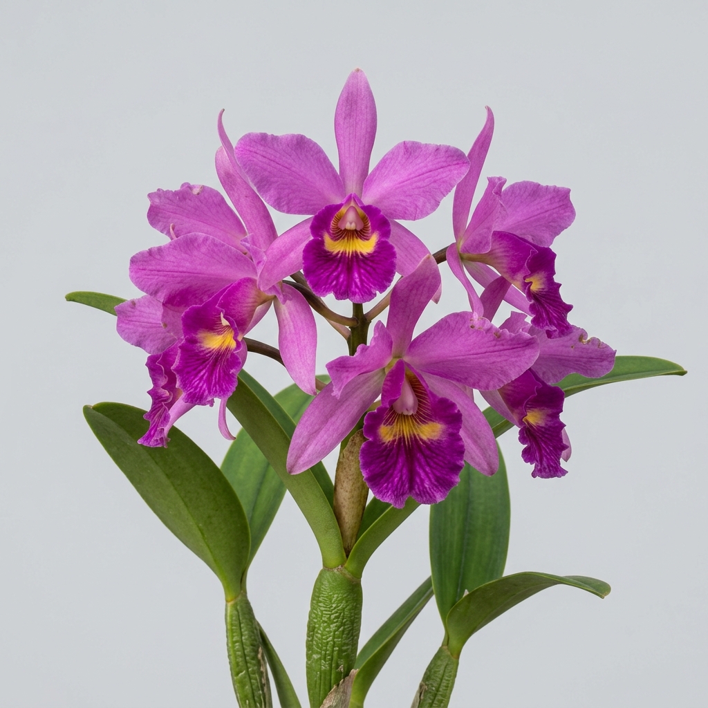 A blooming Cattleya Deckeri orchid with vibrant rose-purple flowers and a deep purple lip, set against a clean light gray background.
