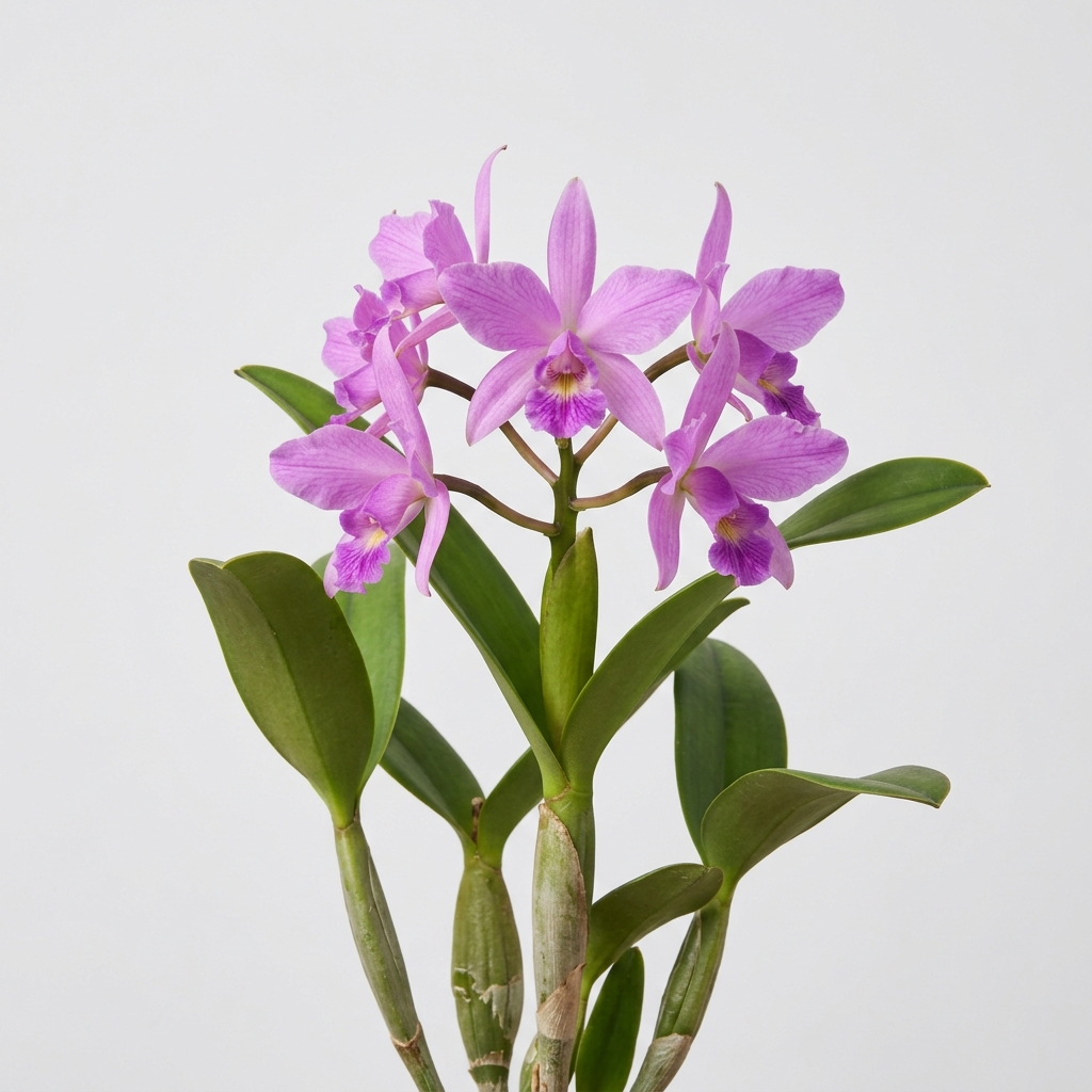 A close-up of a pink and lavender Cattleya Dolosa orchid bloom with a deep purple lip.