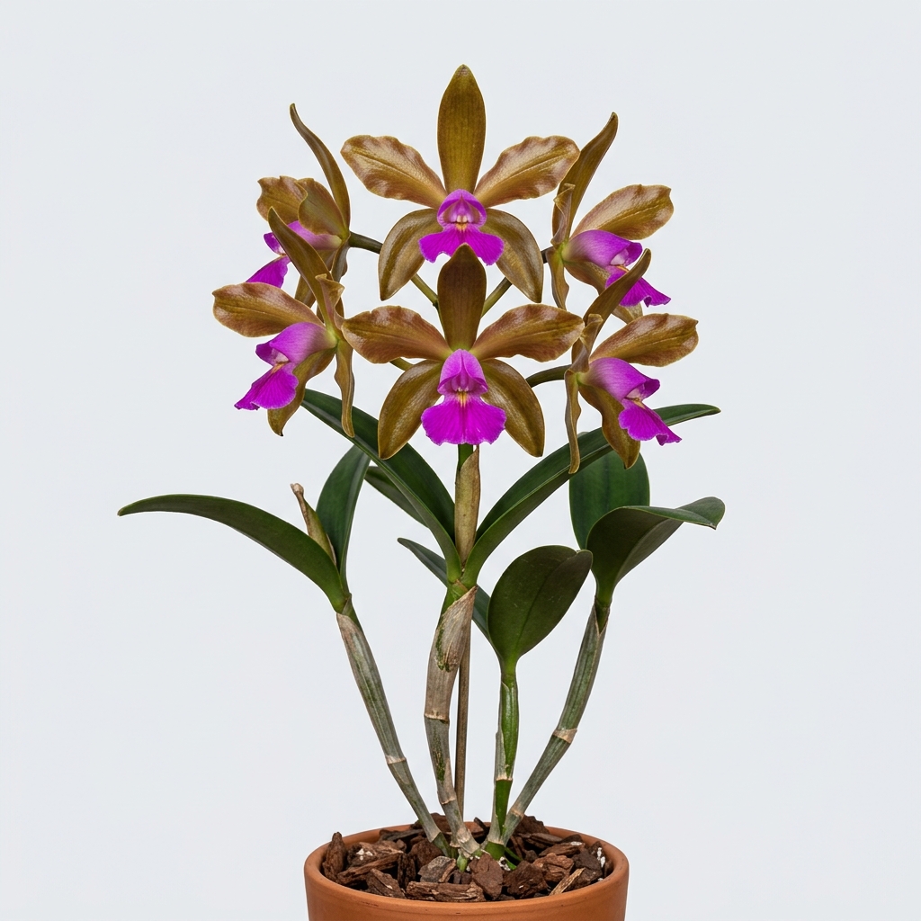 Cattleya Dormaniana orchid showing coppery-bronze petals and a vibrant magenta-purple lip.
