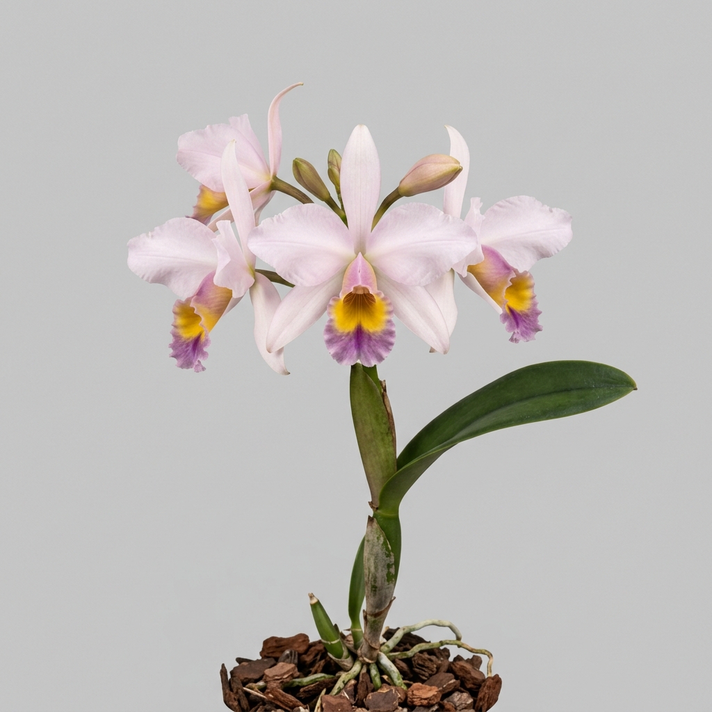 Cattleya Eldorado orchid showing pale pink petals and a tubular lip with a golden-yellow throat.