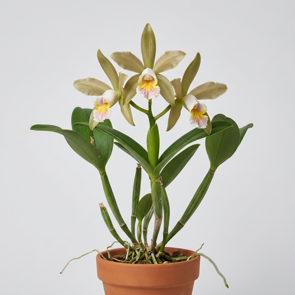 Cattleya Forbesii orchid with greenish-tan petals and a white tubular lip with yellow and pink interior stripes