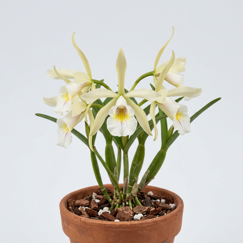 Cattleya Iricolor orchid with creamy white petals and a purple-veined trumpet lip
