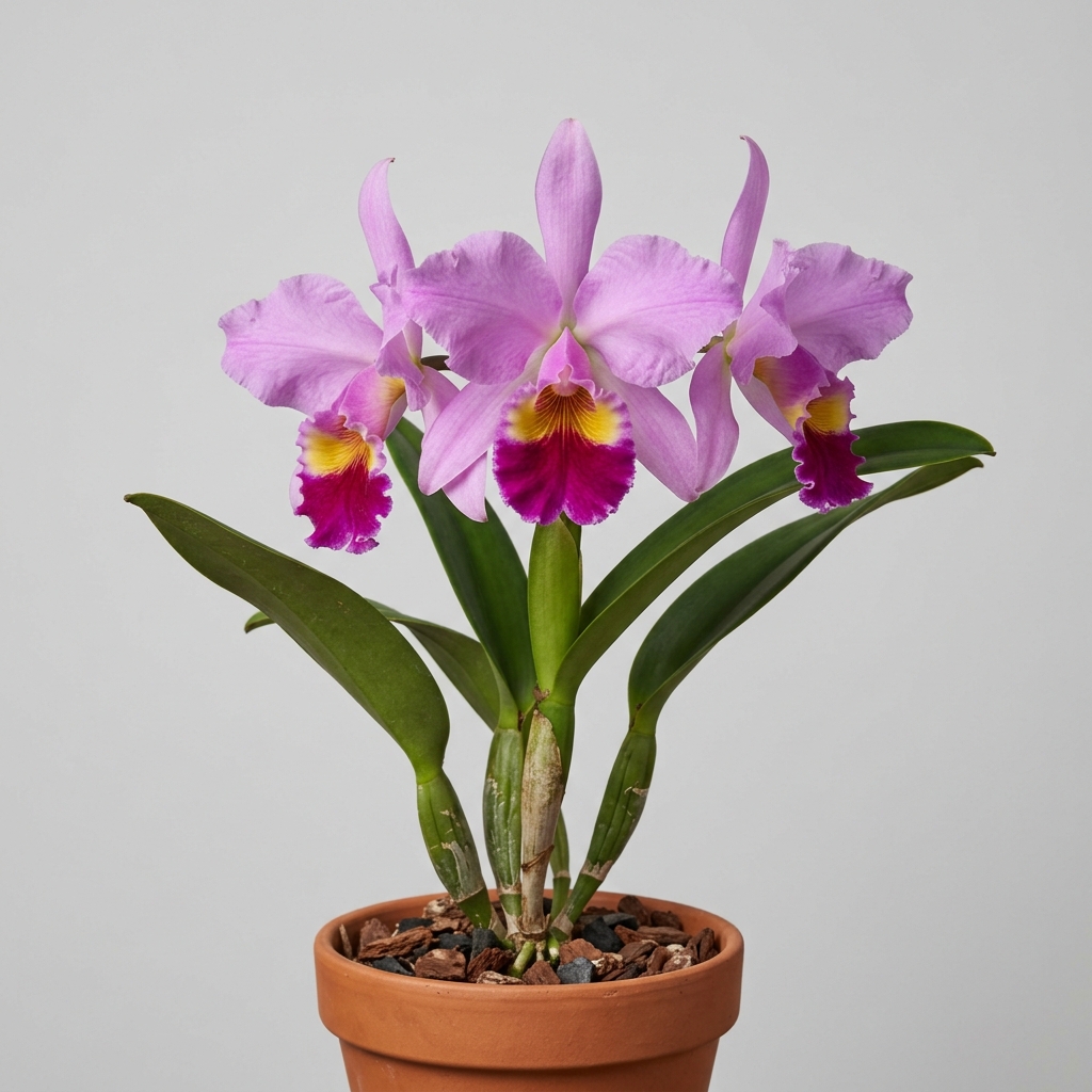 Fragrant lavender flower of a Cattleya Jenmanii orchid with a yellow and magenta lip.