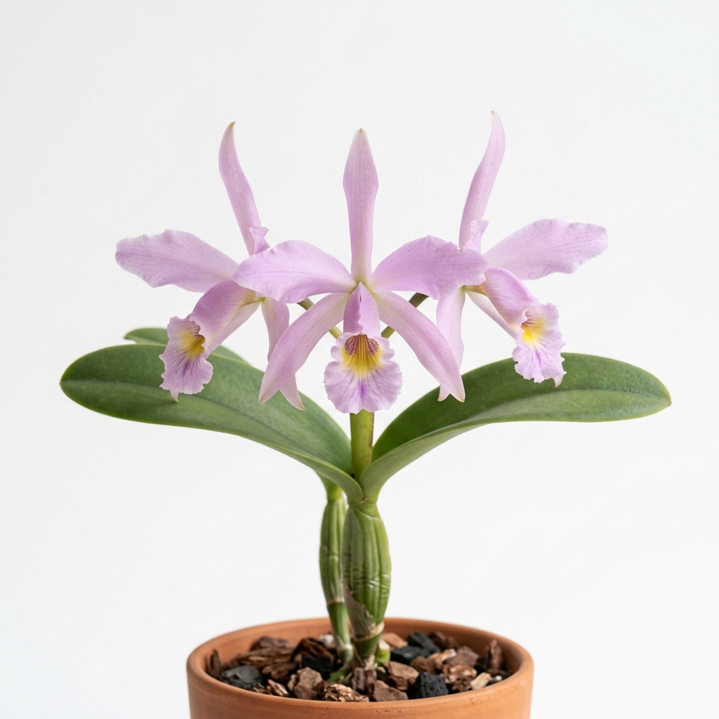 Cattleya Kerrii orchid with delicate pale pink flowers and a yellow-throated lip against a light gray background
