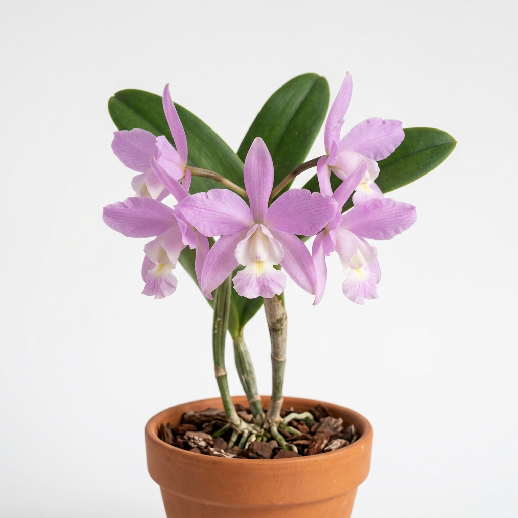 Lavender-pink flowers of a Cattleya Loddigesii orchid blooming in a cluster.
