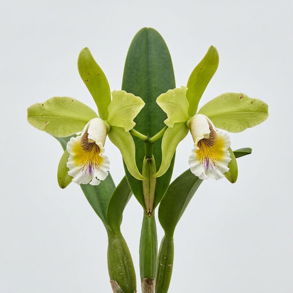 A close-up of a Cattleya Mooreana orchid flower showing pale green petals and a white lip with a golden-yellow throat.
