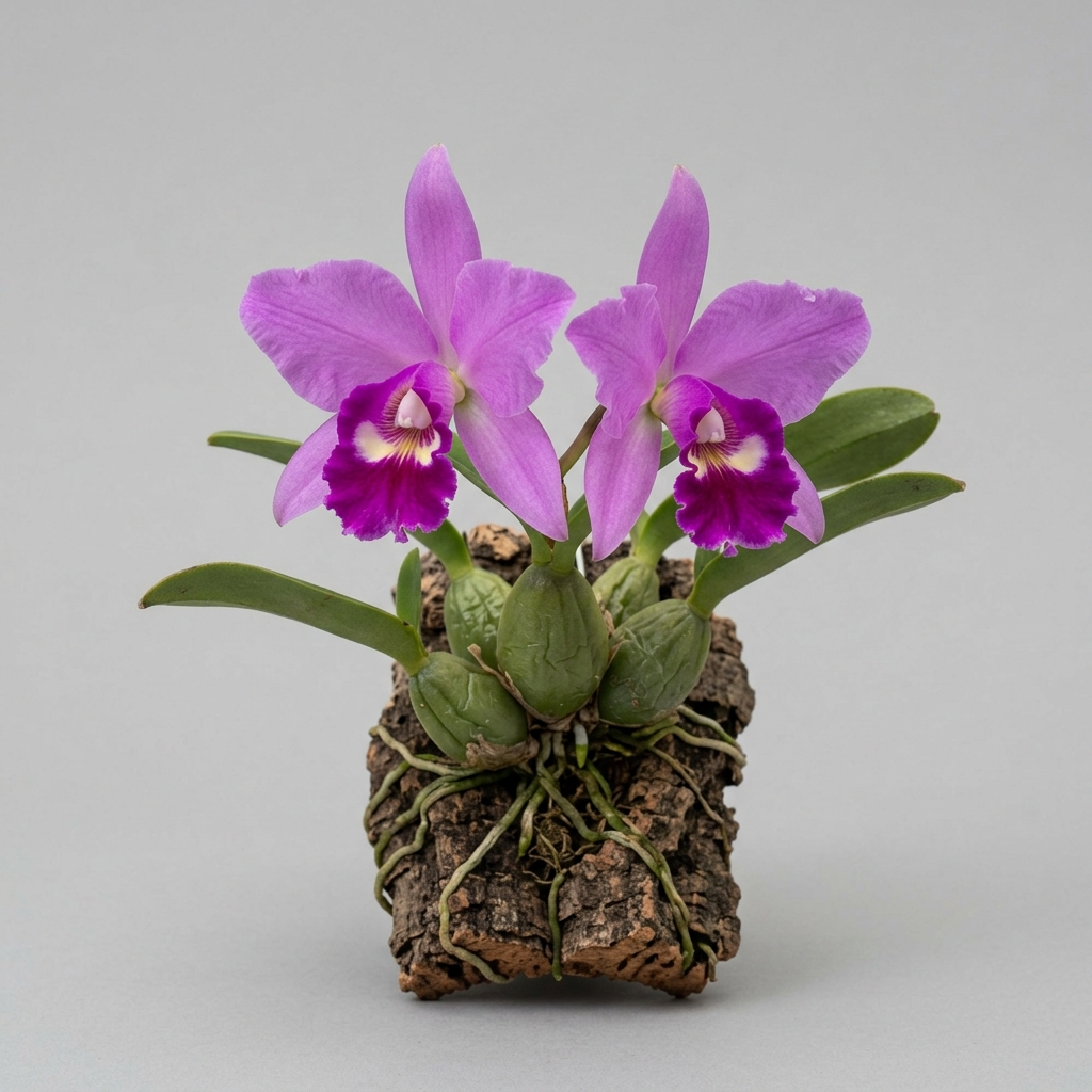 A close-up of the large rose-purple flower and compact globose pseudobulbs of a Cattleya Sincorana orchid.