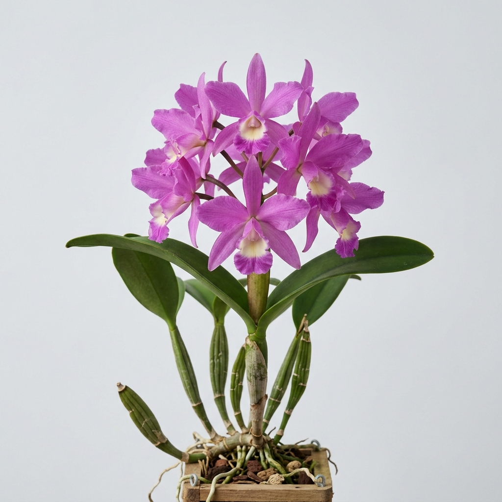 Clusters of rose-purple flowers on a Cattleya Skinneri orchid