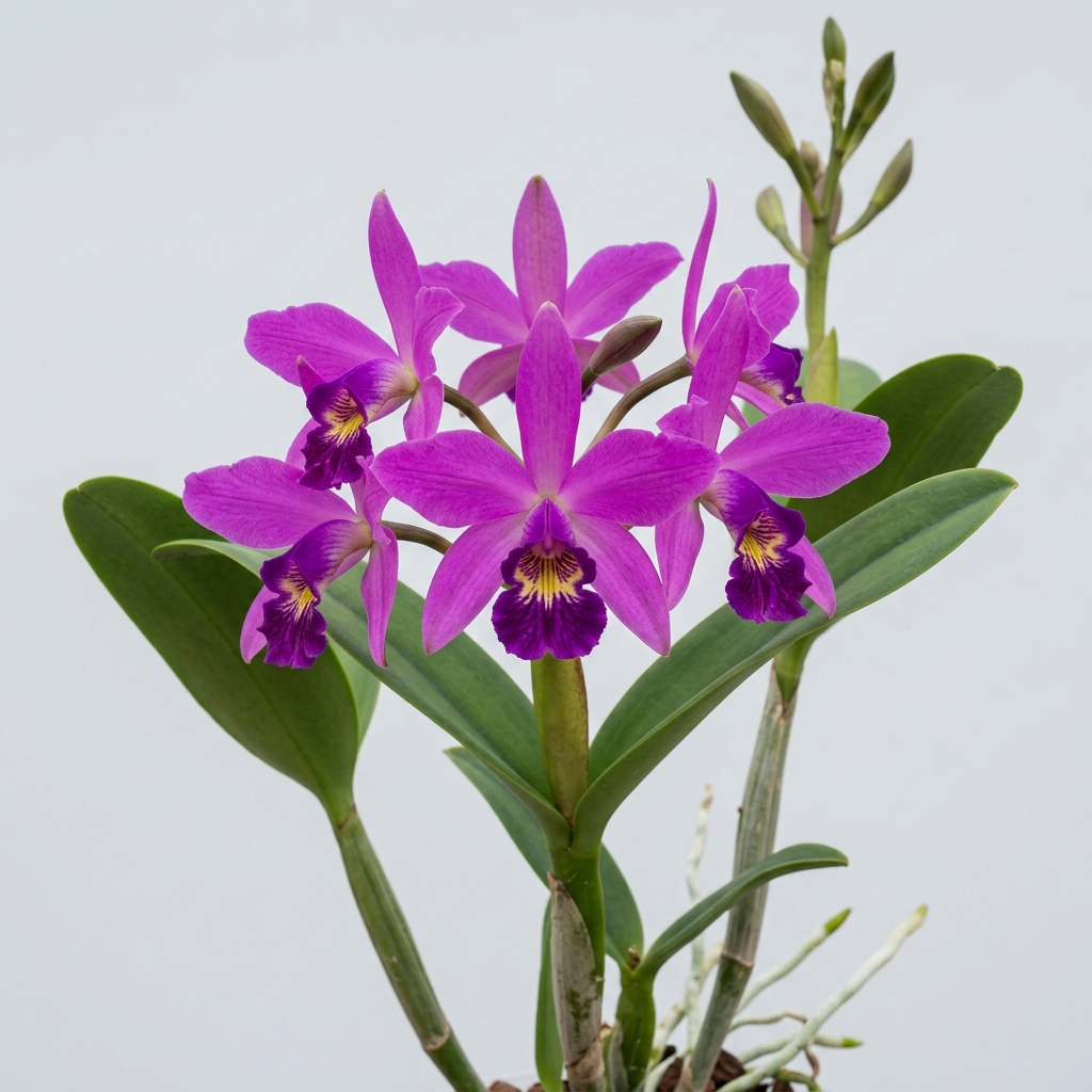 Vibrant magenta-purple flowers of a blooming Cattleya Violacea orchid.