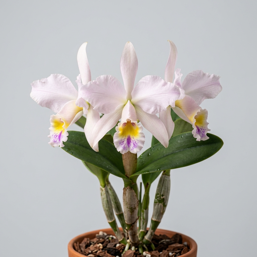A Cattleya Wallisii orchid flower with pale pink petals and a tubular yellow lip.