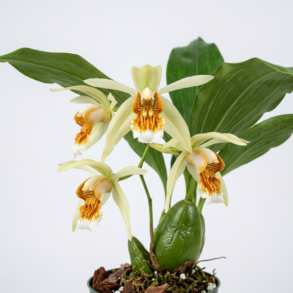 Coelogyne Lawrenceana orchid flower showing yellowish-green petals and a detailed white, orange, and brown lip.