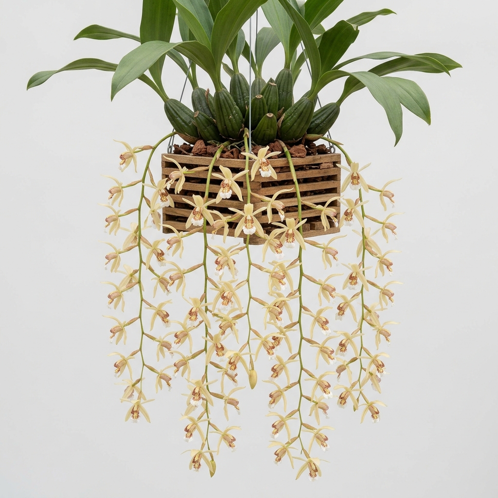 Pendulous pale yellow and white flowers of a Coelogyne Rochussenii orchid cascading from a hanging basket.