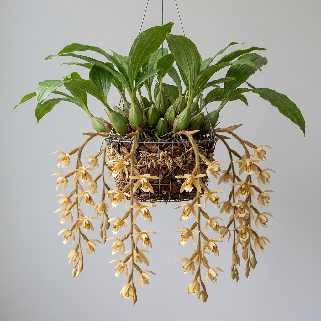Coelogyne Tomentosa orchid with long cascading spikes of pale yellow and tan flowers hanging against a light gray background.