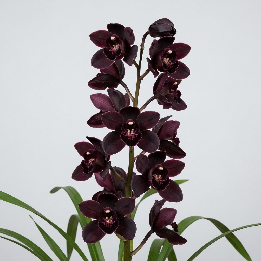 A close-up of the deep maroon-purple, near-black flowers of a Cymbidium Kiwi Midnight orchid.
