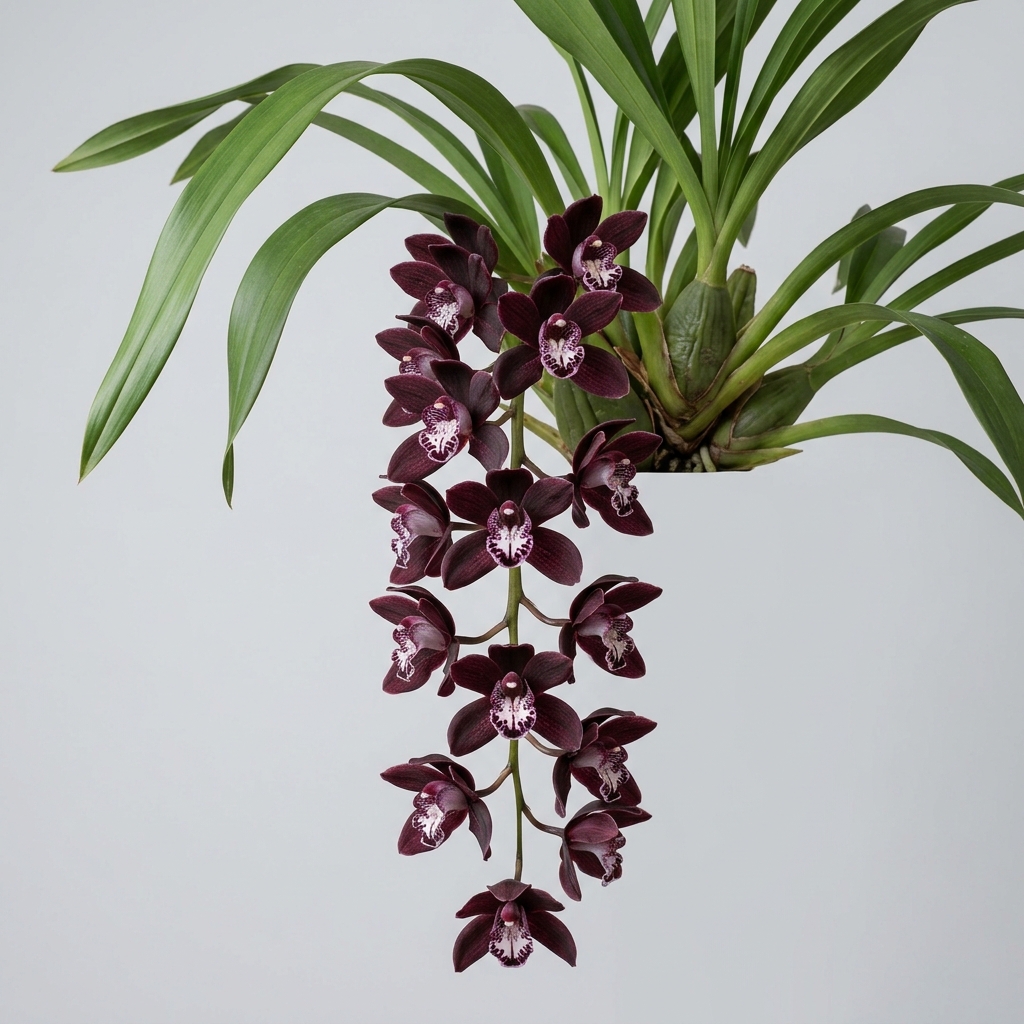 Cymbidium Atropurpureum orchid with deep maroon and near-black flowers cascading from a green leafy plant