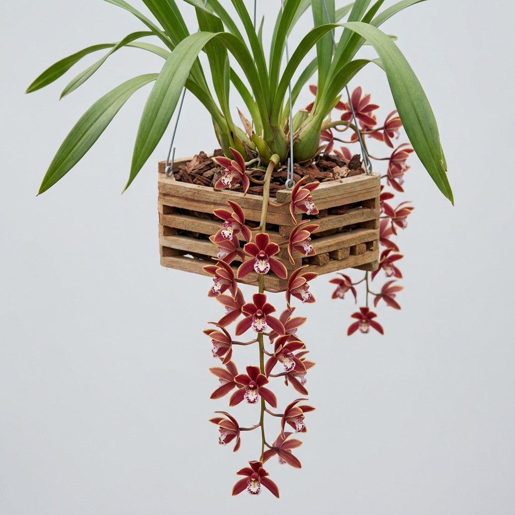 A cascading pendulous flower spike of a Cymbidium Bicolor orchid with reddish-brown and yellow blossoms.
