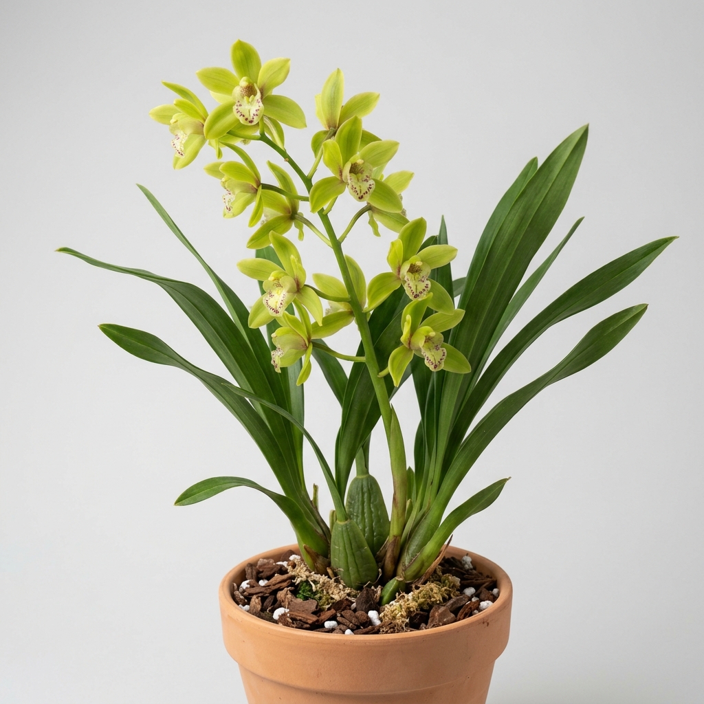 A blooming Cymbidium Chloranthum orchid with apple-green flowers and a spotted pale yellow lip.