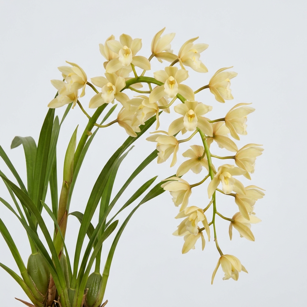 Pendulous cream-to-pale-yellow flowers of a Cymbidium Elegans orchid cascading from a hanging basket.
