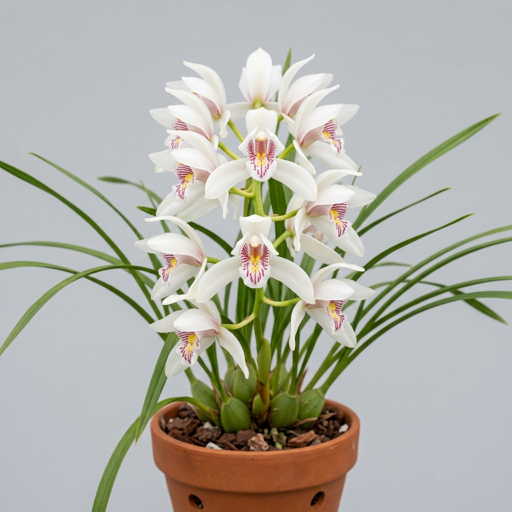 White Cymbidium Erythrostylum orchid flower with forward-pointing petals and a red-striped yellow lip.